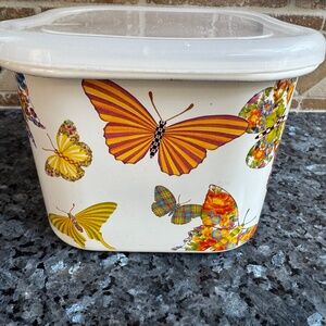 MacKenzie Childs Butterfly Garden Square Enamel Storage Container 4 1/2” Tall